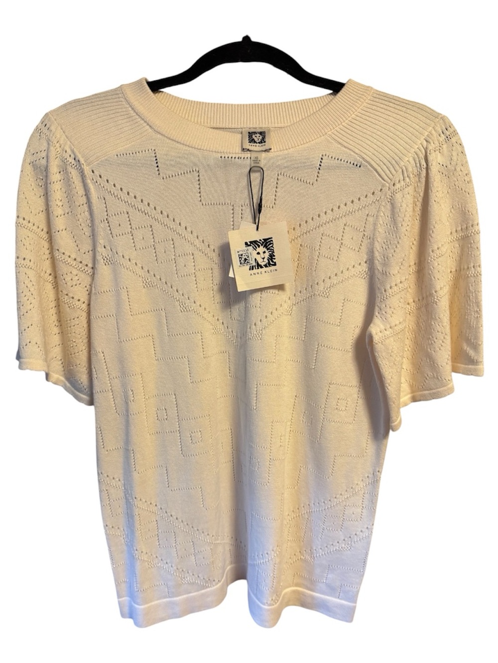 Anne Klein Beige Pointelle Short Sleeve Knit Top